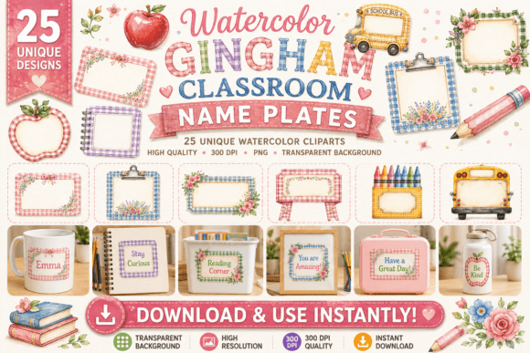 Watercolor Gingham Classroom Name Plates