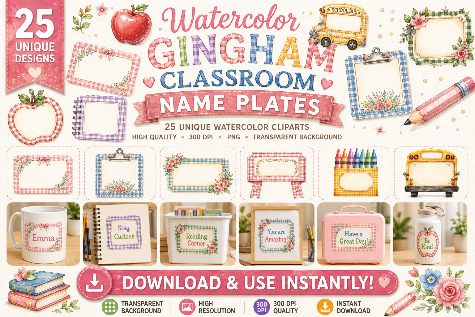 Watercolor Gingham Classroom Name Plates