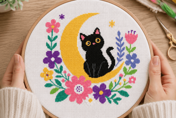 Black Cat Moon Floral Cross Stitch