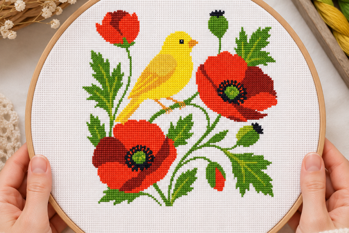 Canary Poppy Floral Cross Stitch