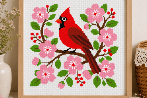 Cardinal Cherry Blossom Cross Stitch