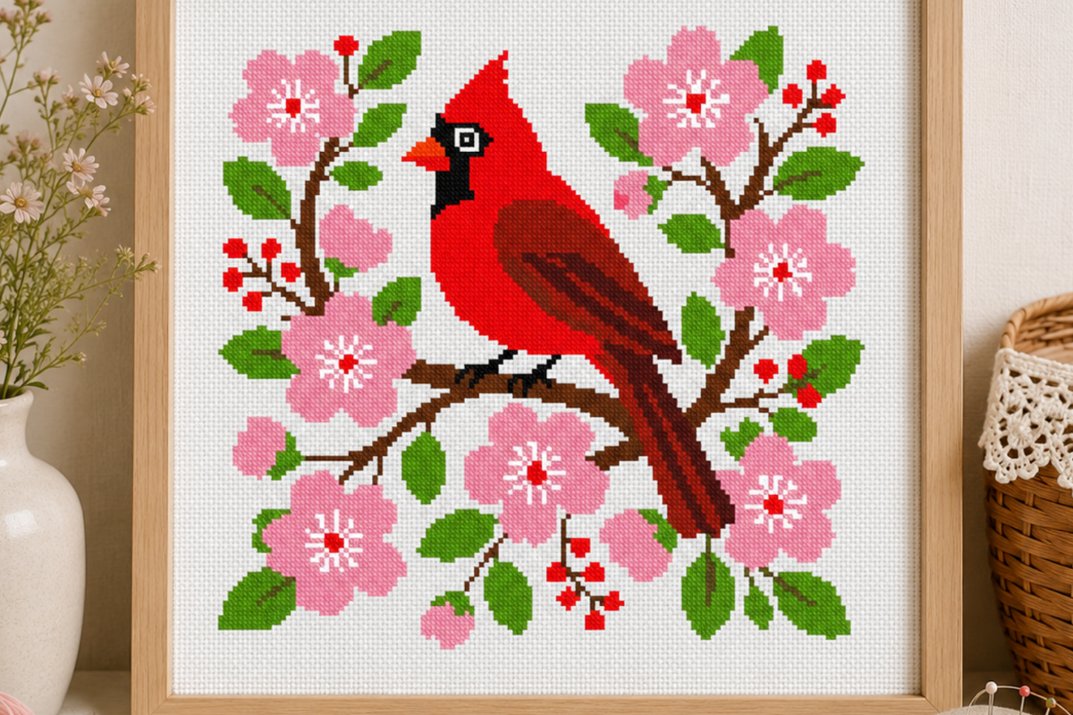 Cardinal Cherry Blossom Cross Stitch