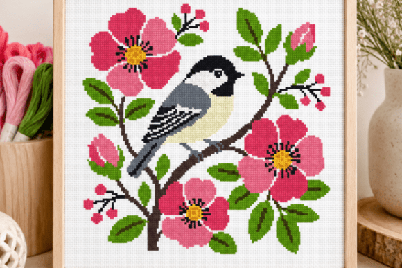 Chickadee Wild Rose Cross Stitch