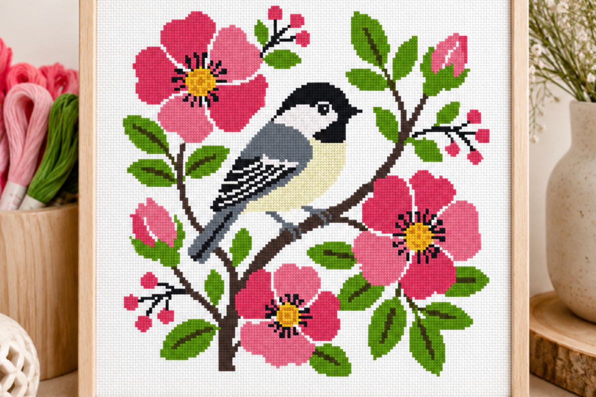 Chickadee Wild Rose Cross Stitch
