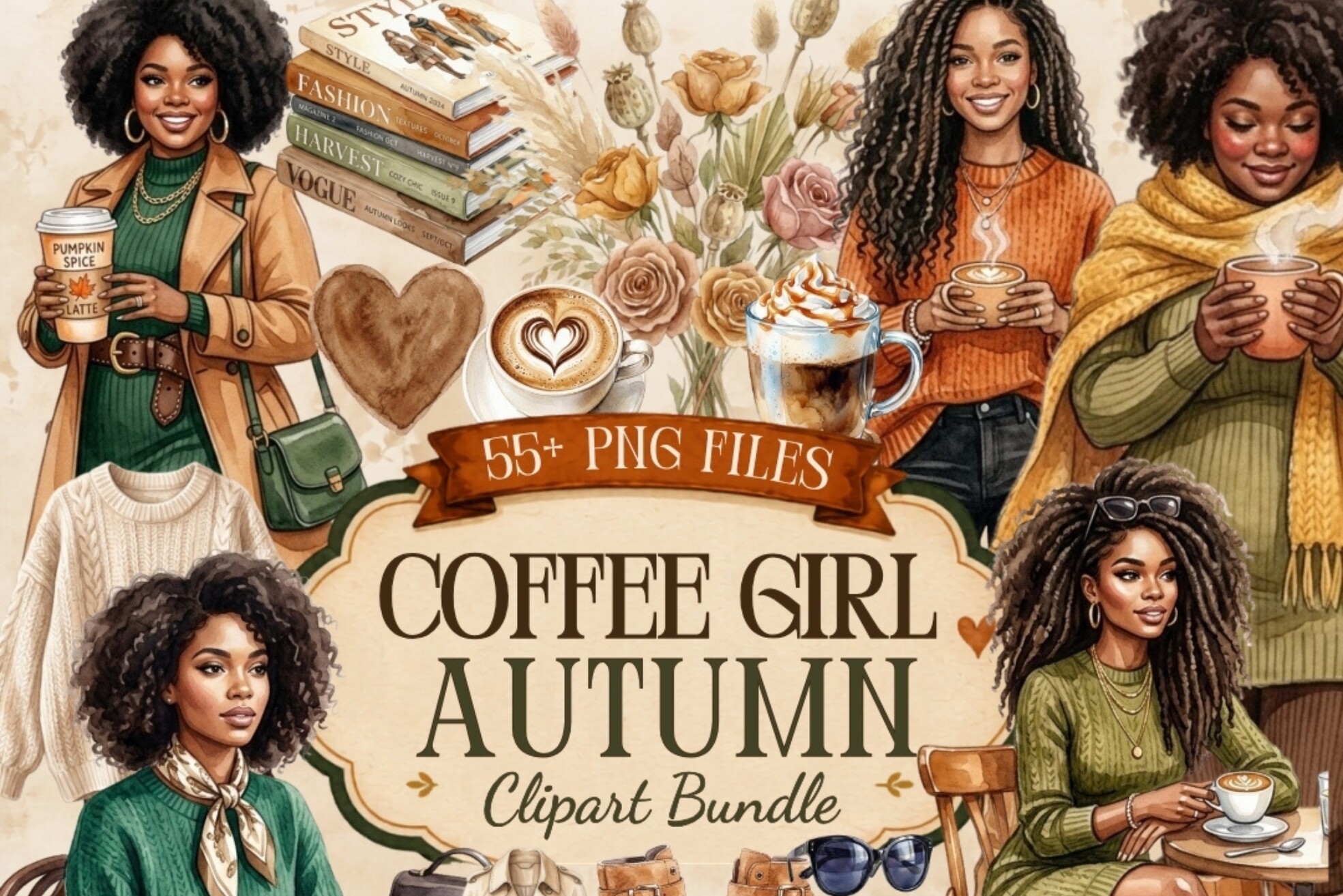 Coffee Girl Autumn PNG Clipart Bundle