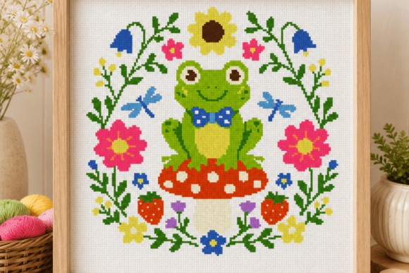 Cute Frog Flower Garden Cross Stitch