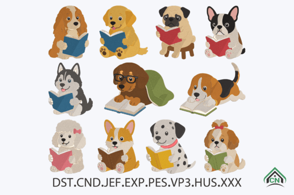 Cute Reading Dogs Embroidery Bundle
