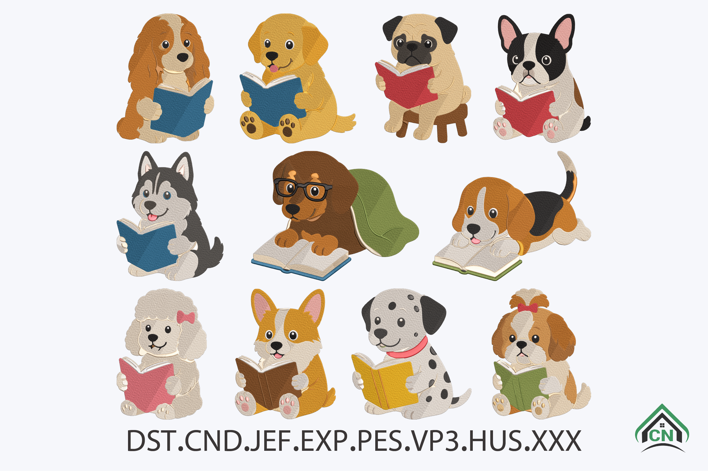 Cute Reading Dogs Embroidery Bundle