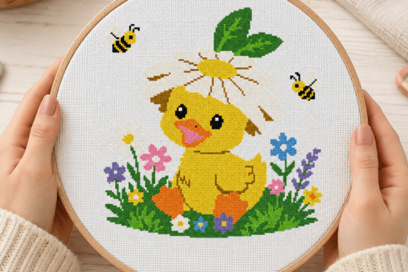Daisy Hat Duckling Cross Stitch