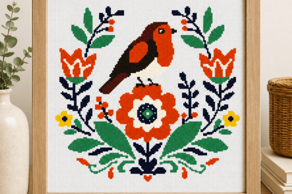 Folk Robin Floral Cross Stitch