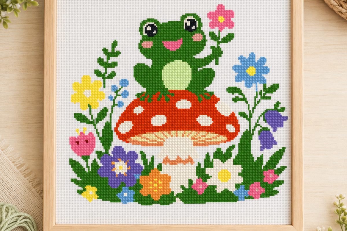 Frog Mushroom Flower Cross Stitch
