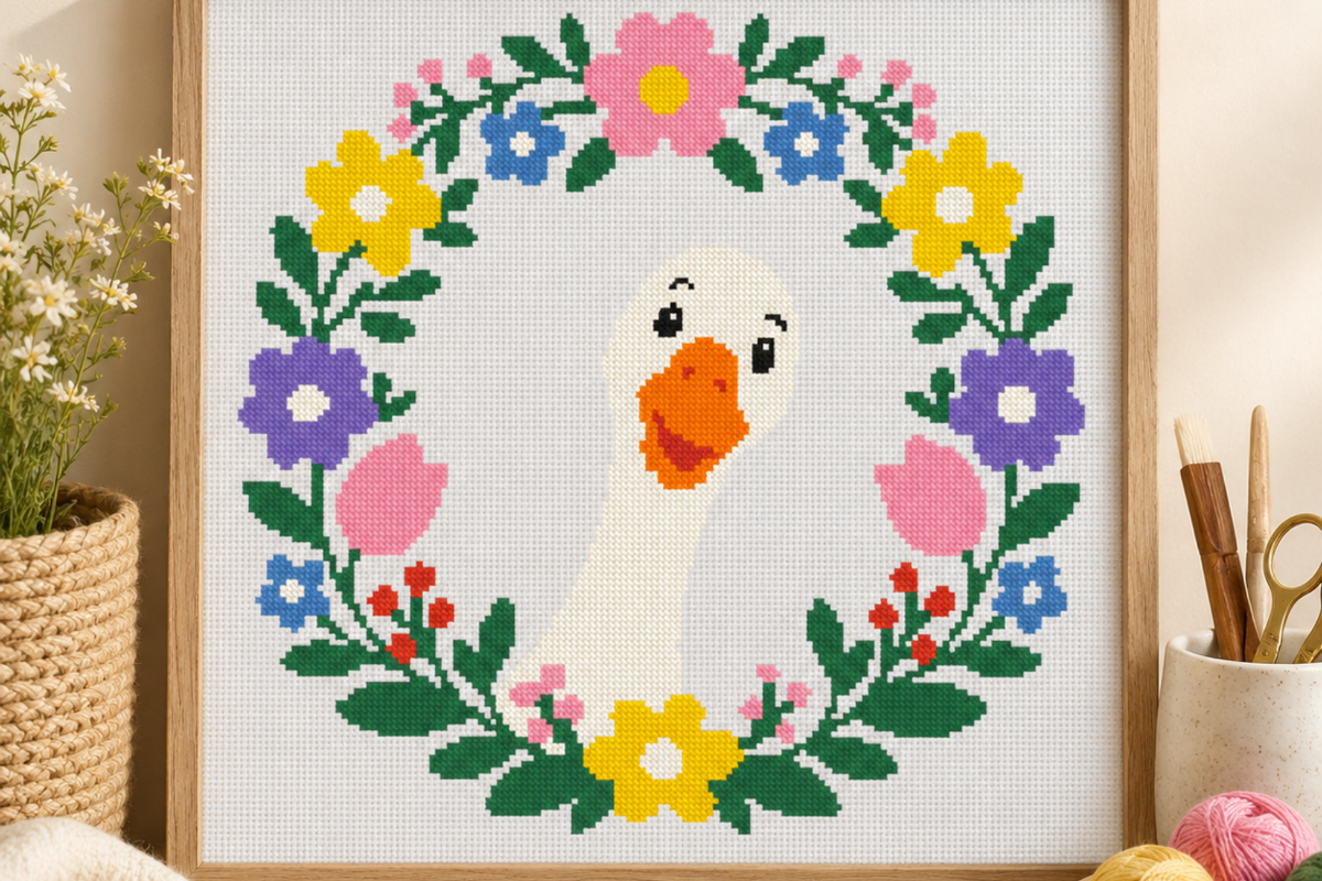 Goose Floral Wreath Cross Stitch