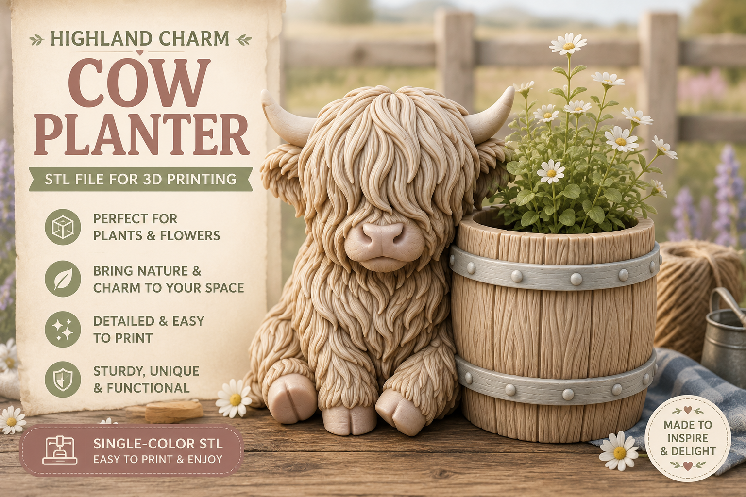 Highland Cow Planter STL - 3D Printable Succulent Pot - Image 3