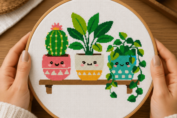 Kawaii Potted Plants Cross Stitch