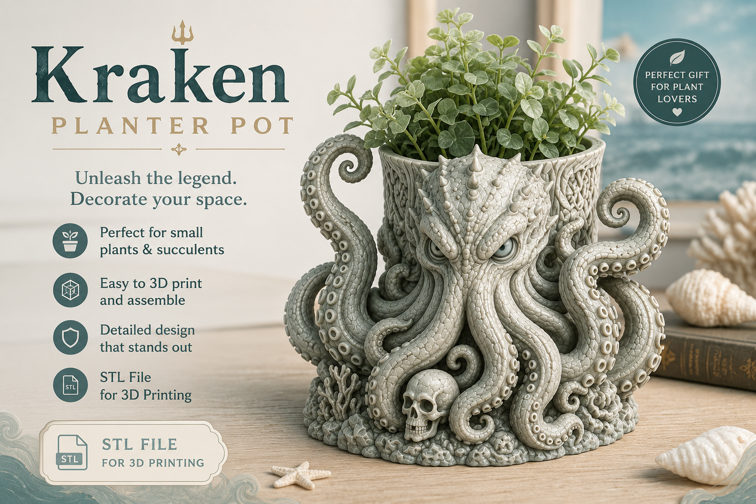 Kraken Planter Pot STL | Fantasy 3D Print Succulent Holder - Image 3