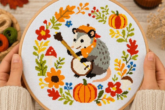 Opossum Fall Floral Wreath Stitch
