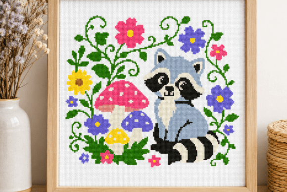 Raccoon Mushroom Floral Cross Stitch