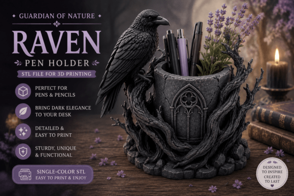 Raven Pen Holder STL - Gothic Desk Organizer for 3D Printing - Image 1