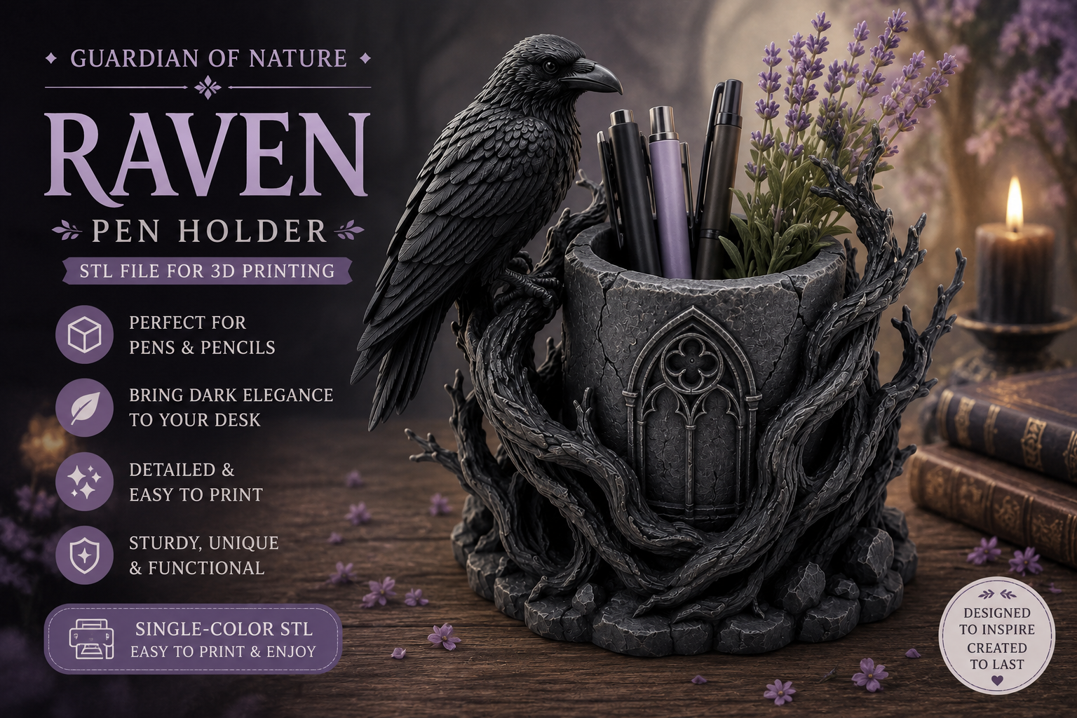 Raven Pen Holder STL - Gothic Desk Organizer for 3D Printing - Image 4