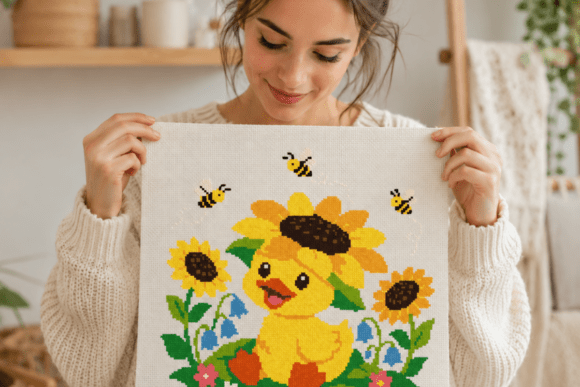 Sunflower Hat Duckling Cross Stitch