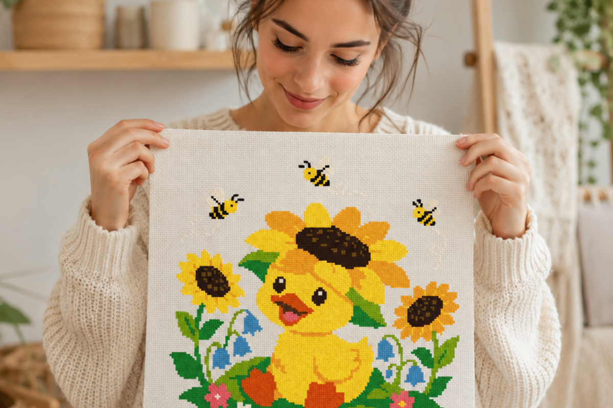 Sunflower Hat Duckling Cross Stitch