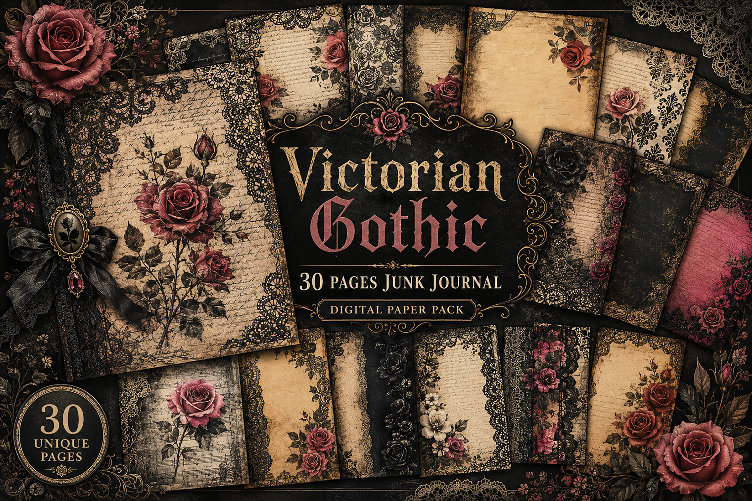 Vintage Gothic Rose Junk Journal Papers