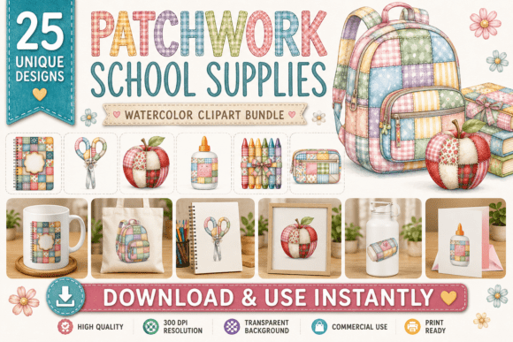 Watercolor Patchwork School Supplies