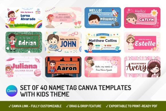 40 Kids Name Tag Canva Templates