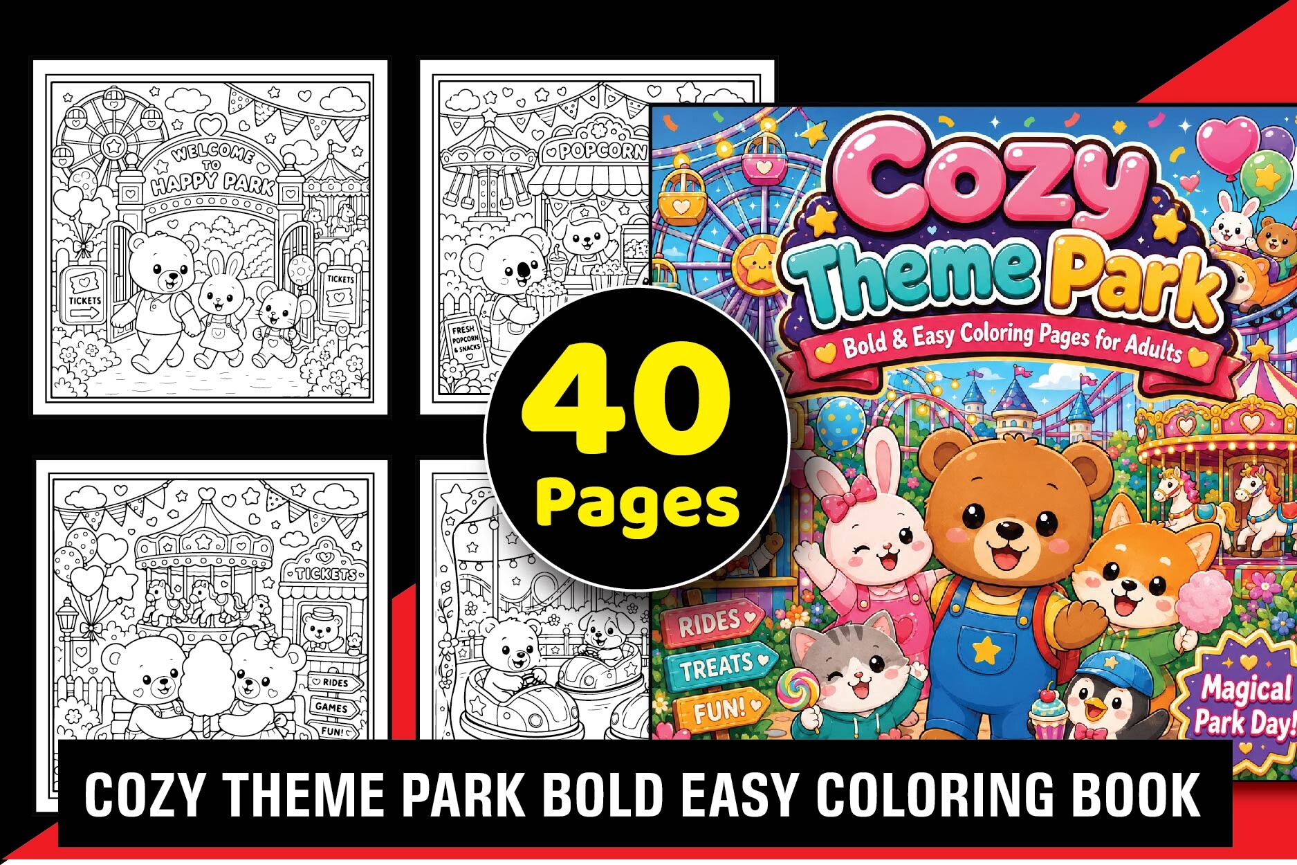 Cozy Theme Park Bold Easy Coloring Book