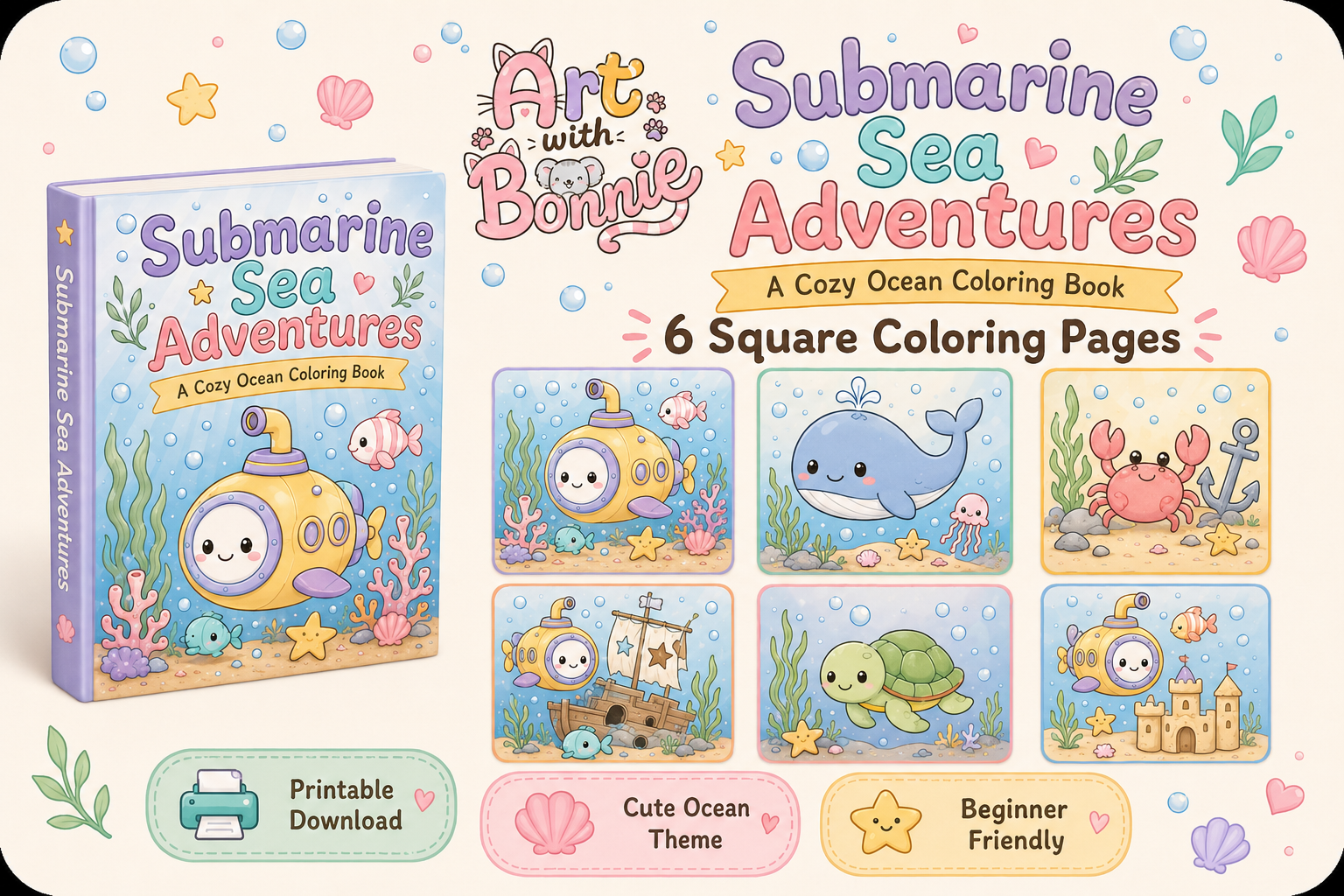 Cute Submarine Ocean Coloring Page Pack