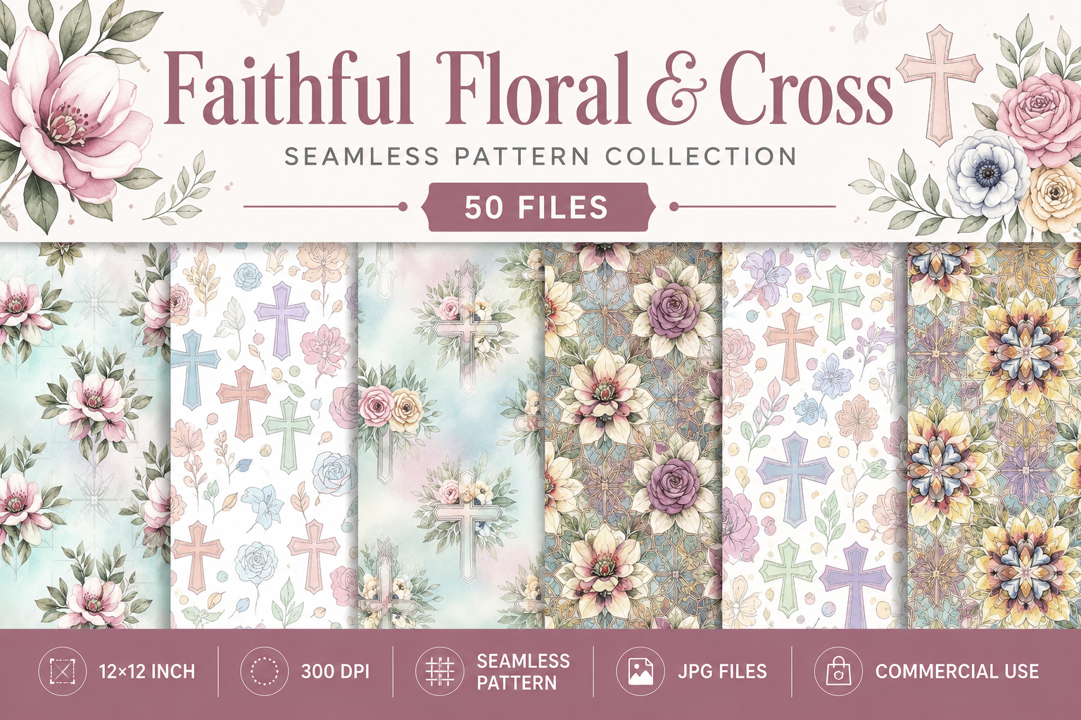 Faithful Floral & Cross Seamless Pattern Collection
