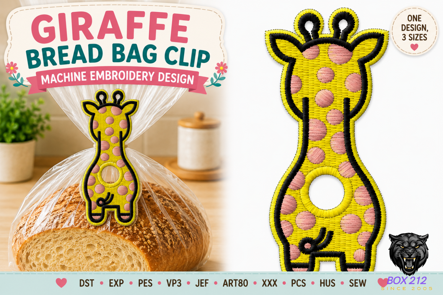 Giraffe Bread Bag Clip Embroidery Design