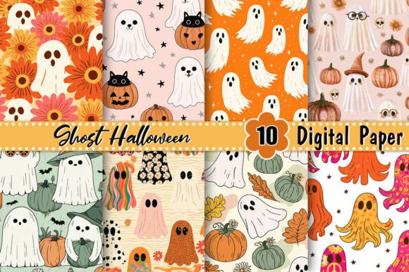 Retro Cute Ghost Halloween Digital Paper