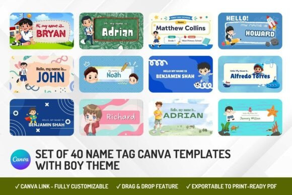 40 Boy Name Tag Canva Templates