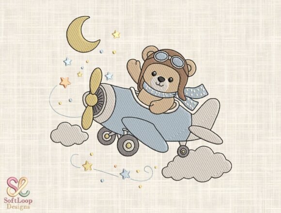 Bear Airplane Embroidery Design