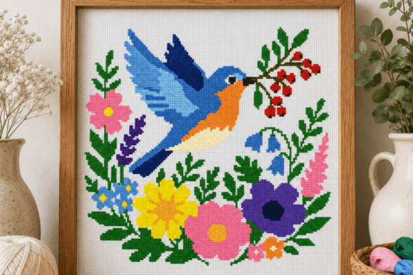 Bird Cross Stitch with Berry Branch