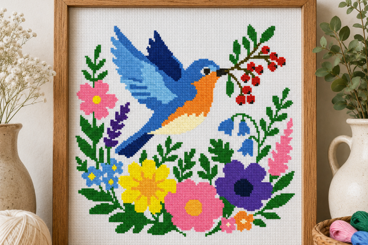 Bird Cross Stitch with Berry Branch