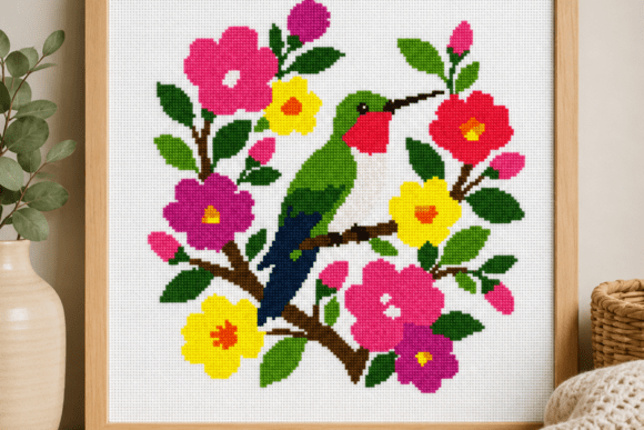 Bird on Floral Branch Cross Stitch
