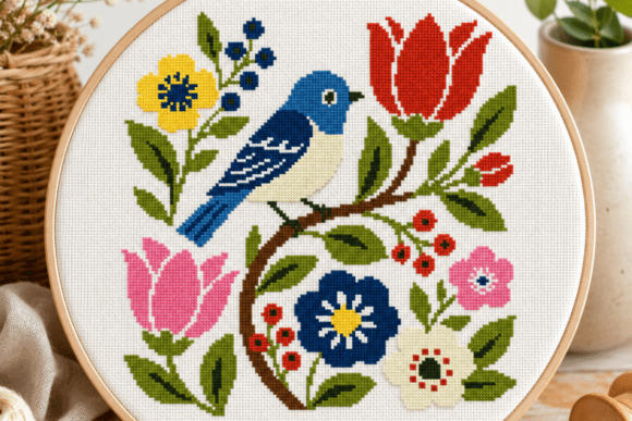 Bluebird Tulip Cross Stitch Pattern