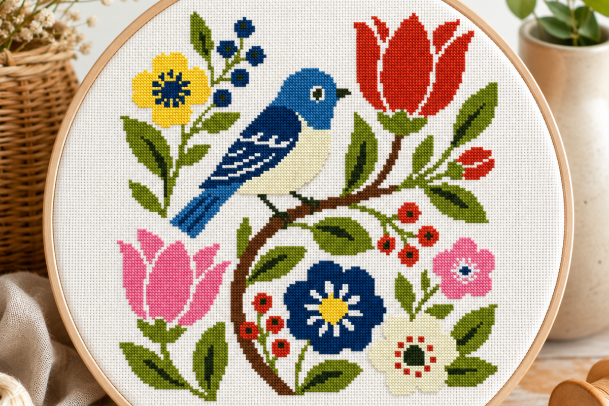 Bluebird Tulip Cross Stitch Pattern