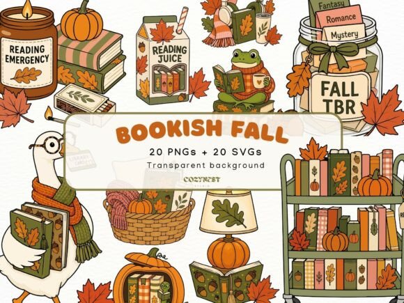 Bookish Fall Doodle Clipart, Cute Autumn