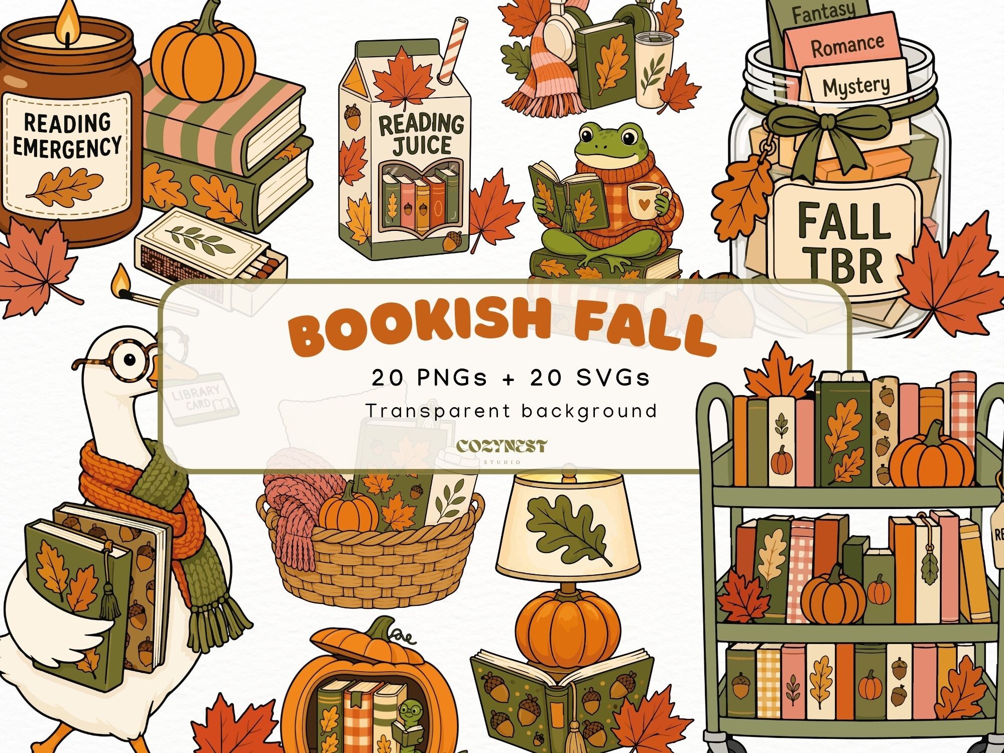 Bookish Fall Doodle Clipart, Cute Autumn