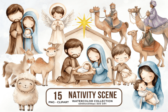 Christmas Cute Nativity Scene Watercolor