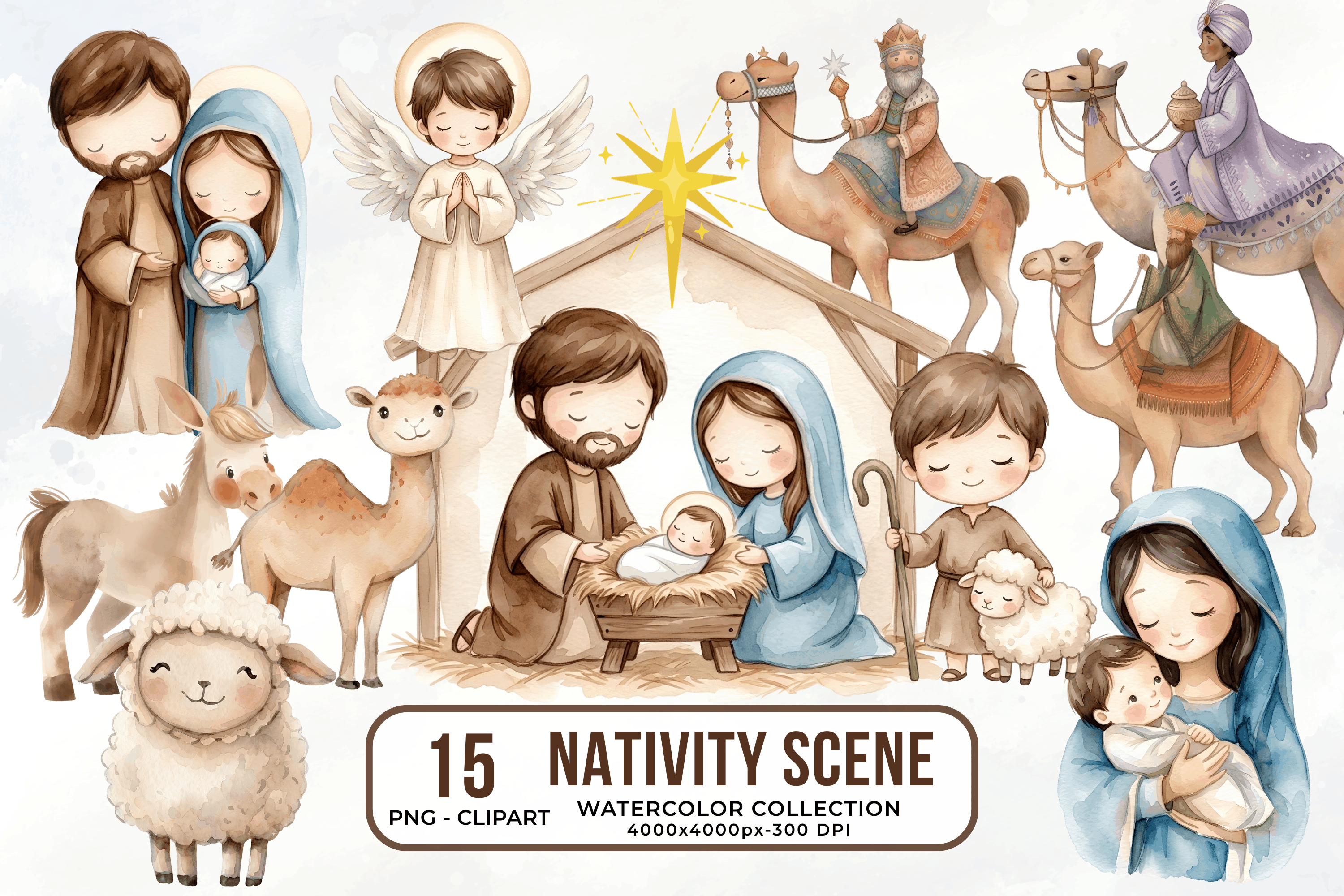 Christmas Cute Nativity Scene Watercolor