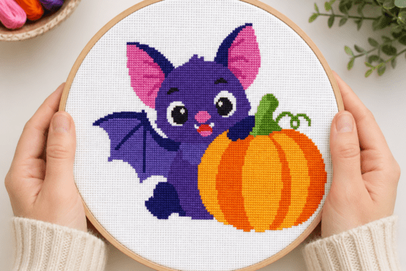 Cute Bat and Pumpkin Cross Stitch