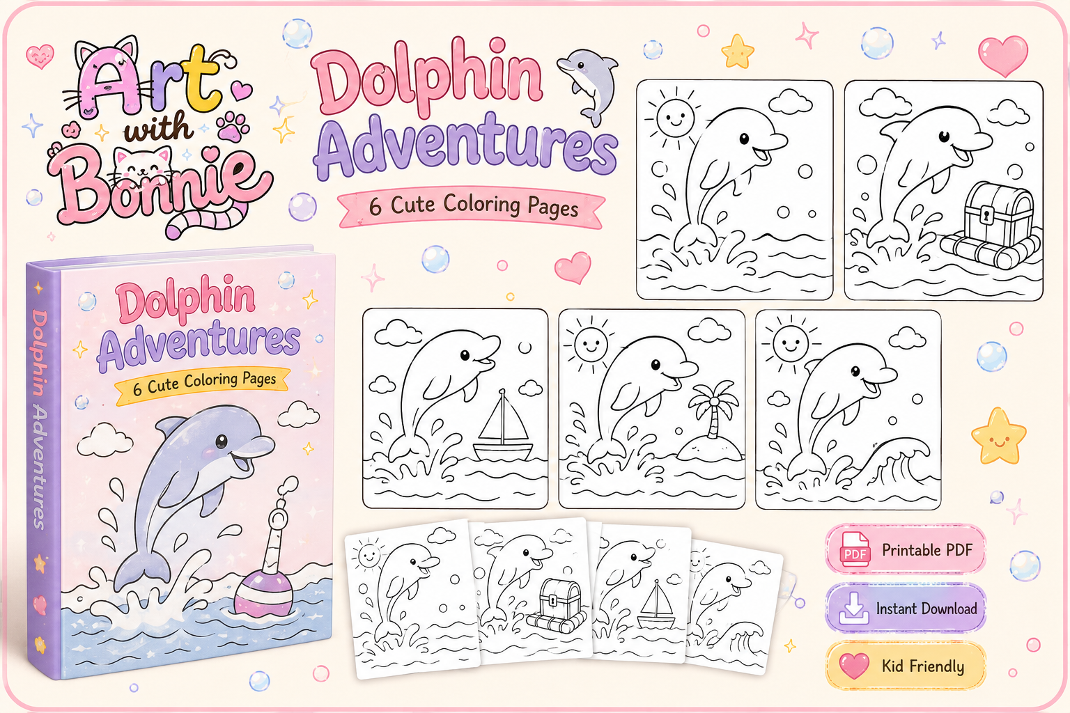 Cute Dolphin Ocean Coloring Pages Pack