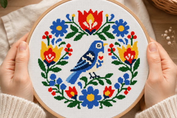 Folk Bird Floral Wreath Cross Stitch