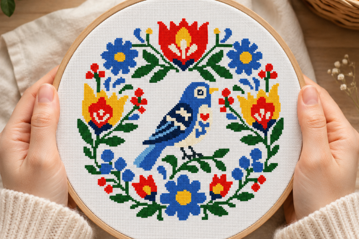 Folk Bird Floral Wreath Cross Stitch