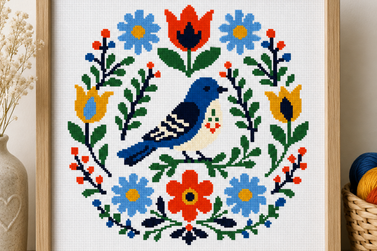 Folk Bird Wreath Cross Stitch