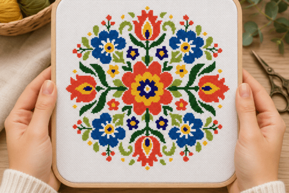 Folk Floral Medallion Cross Stitch